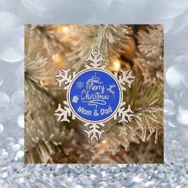 Mama und Vater Frohe Weihnachten Silber auf Blau | Schneeflocken Zinn-Ornament