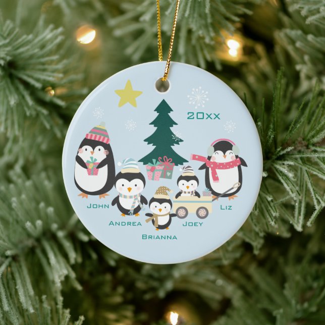 Mama, Vater & Drei Kinder ~ Pinguine Keramik Ornament (Baum)