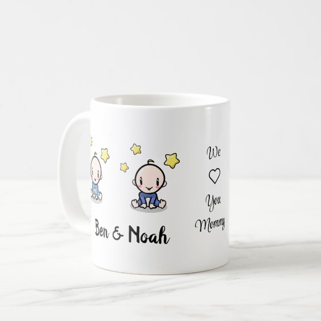 Mama von Twins Geschenk, neue Mami, Zwillingsjunge Kaffeetasse (Vorderseite Links)