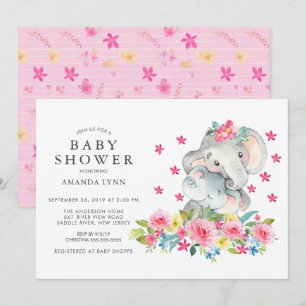 Mama Watercolor Baby Elephant Baby Girl Dusche Einladung