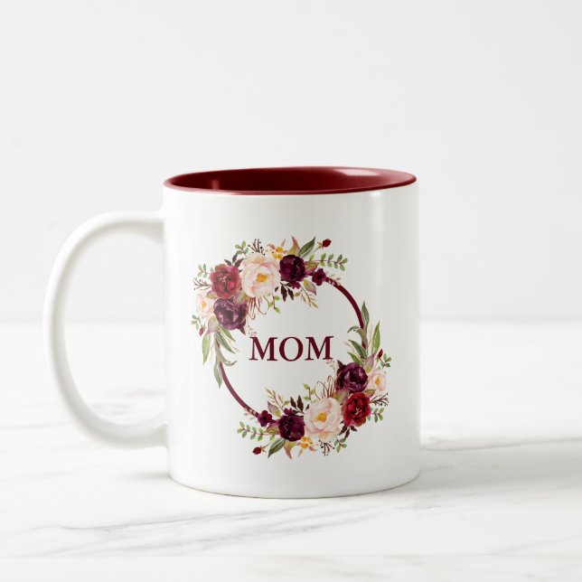 Mama Watercolor Burgundy Floral Zweifarbige Tasse (Links)