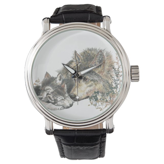 Mama Watercolor Wolf & Cub Tierart Art Armbanduhr (Vorderseite)