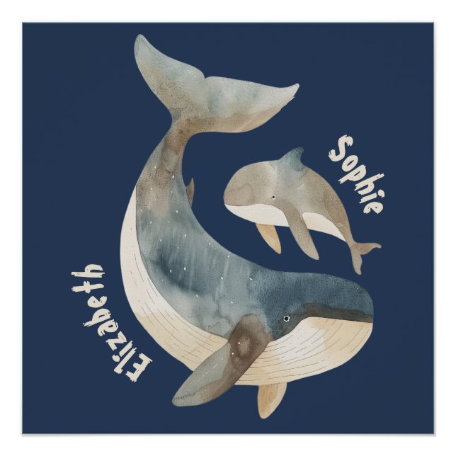 Mama Whale Navy Blue Monogram Name Mother's Day Poster (Vorderseite)