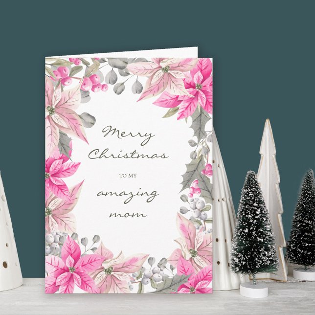 Mama Winter Floral Pink Poinsettia Weihnachten Karte (Mom Christmas Card. Buy professionally printed or as printable digital download.)