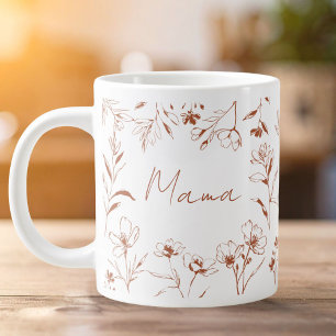 Mama-Zitat Braune Weiße Blumen Line Art  Jumbo-Tasse