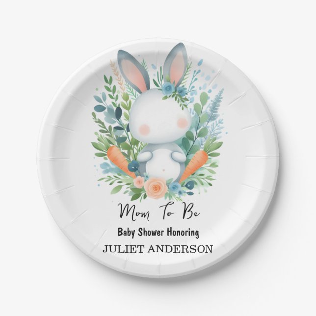 Mama zu Ear Hop Blue Pink Bunny Baby Dusche Pappteller (Vorderseite)