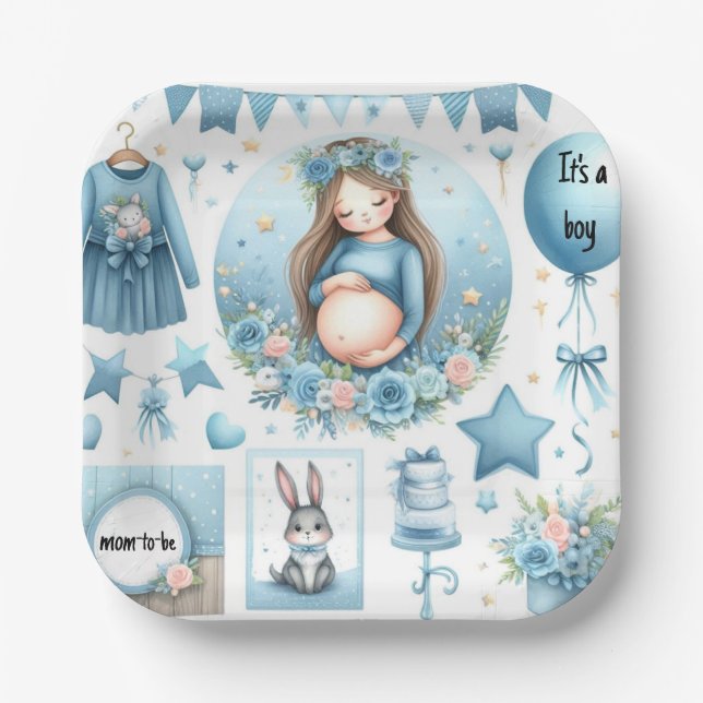 Mama zu werden Boy Baby Shower Blue Paper Plate Pappteller (Vorderseite)