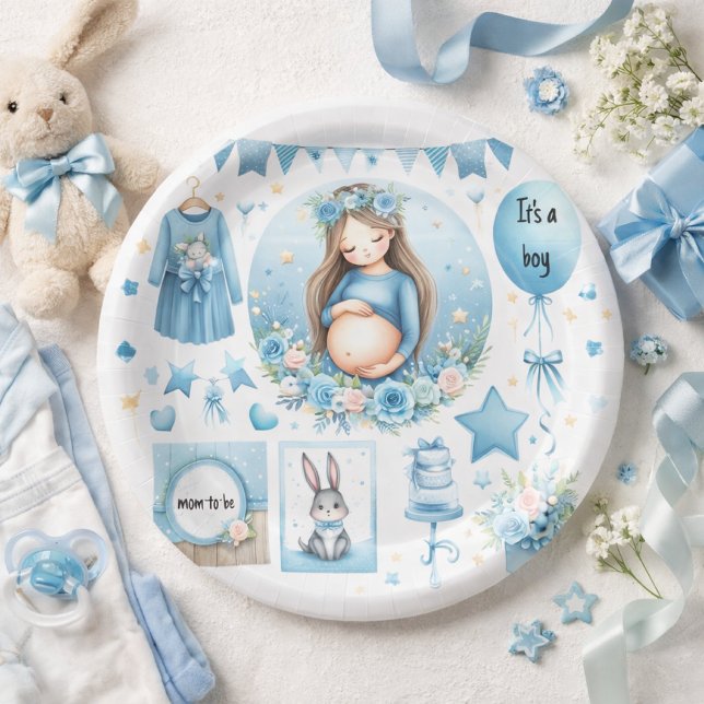 Mama zu werden Boy Baby Shower Blue Paper Plate Pappteller (Von Creator hochgeladen)