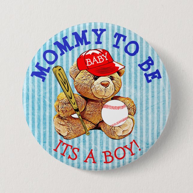 Mama, zum Baseball-Teddybär-Babyparty-Knopf zu Button (Vorderseite)