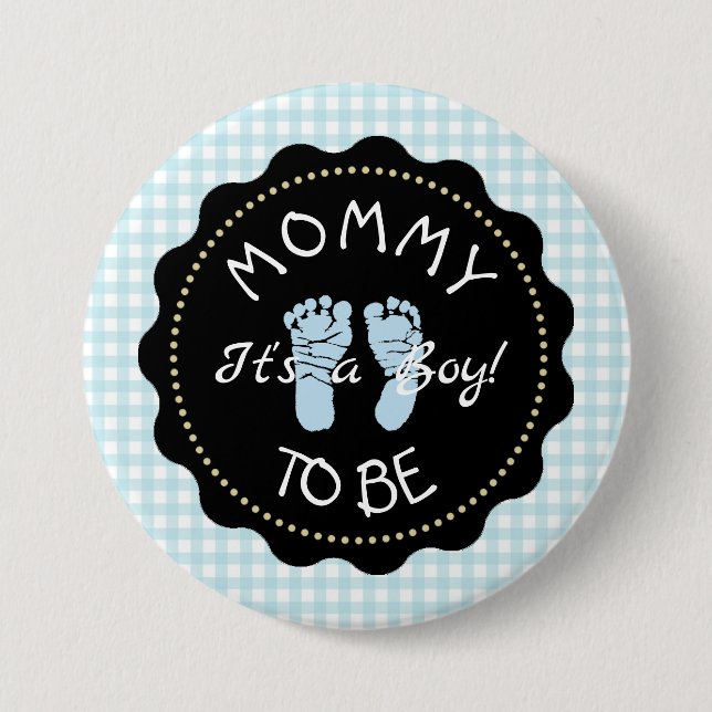 Mama zum Blue Gingham Baby Duschknopf Button (Vorderseite)