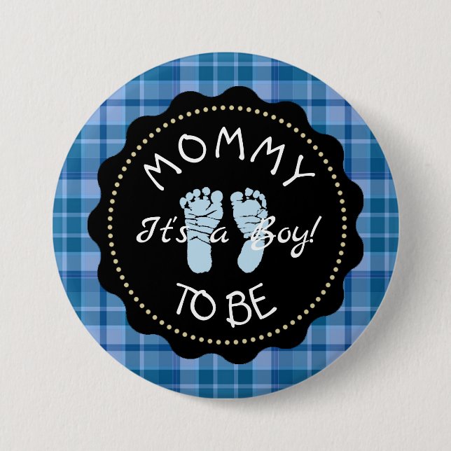 Mama zum Blue Kariert Baby Duschknopf Button (Vorderseite)