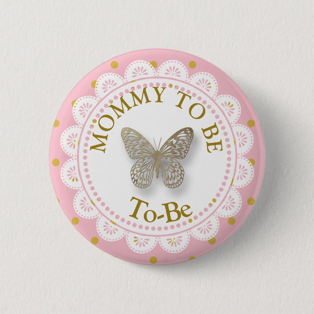 Mama zum Kinderduschen Rosa- und Goldschmetterling Button (Vorderseite)