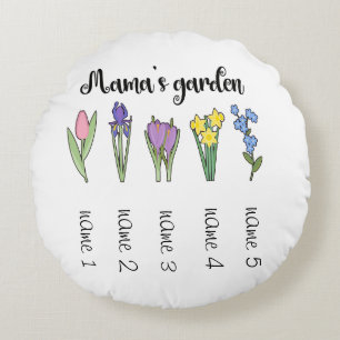 Mamas Blumengarten mit 5 personalisierten Namen Rundes Kissen