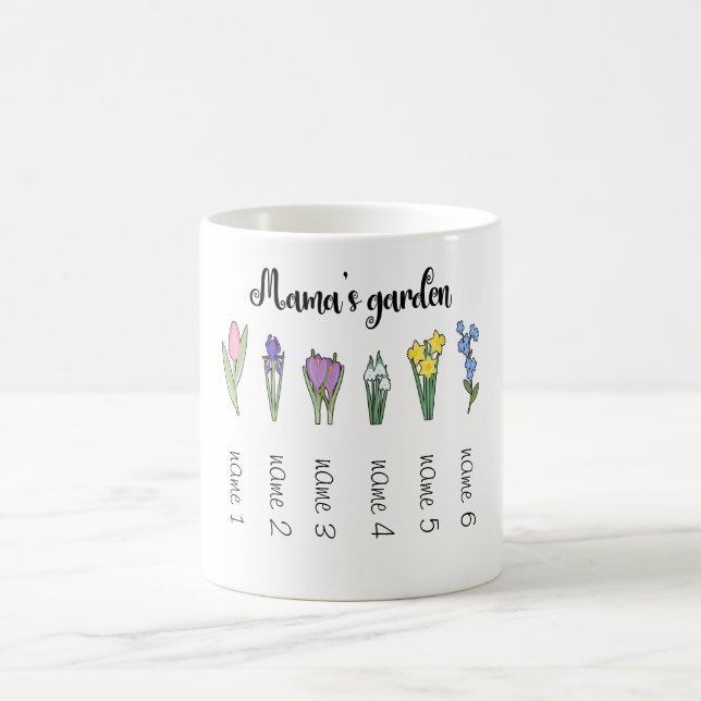 Mamas Blumengarten mit 6 personalisierten Namen Kaffeetasse (Mittel)