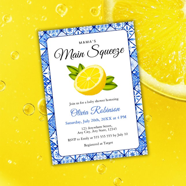 Mama's Haupt Squeeze Blue Tile Lemon Baby Dusche Einladung (Mama's Main Squeeze Blue Tile Lemon Baby Shower Invitation  )