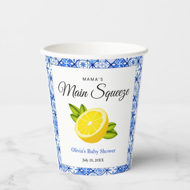Mama's Haupt Squeeze Blue Tile Lemon Baby Dusche Pappbecher (Vorderseite)