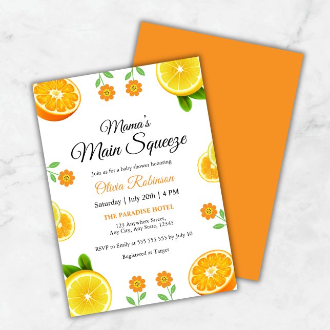 Mama's Haupt-Squeeze Orange Citrus Baby Dusche Einladung (Mama's Main Squeeze Orange Citrus Baby Shower Invitation )