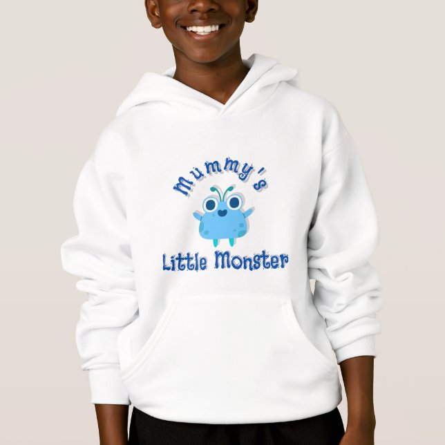 'Mama's Little Monster' Blauer Text & Niedliches M Hoodie (Vorderseite)
