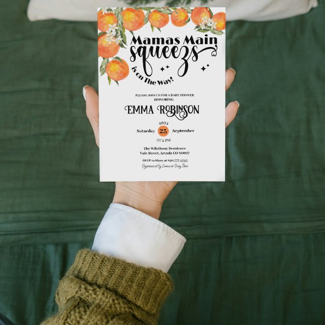 Mamas Main Squeeze Baby Dusche Orange Wasserfarbe Einladung (mamas main squeeze summer baby shower gender neutral watercolor botanical mother to be)