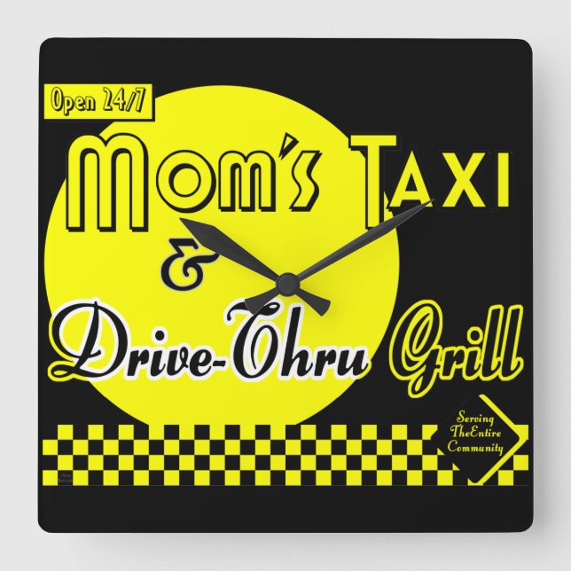Mamas Taxi und Drive-Through Grill Retro Küchensch Quadratische Wanduhr (Vorderseite)