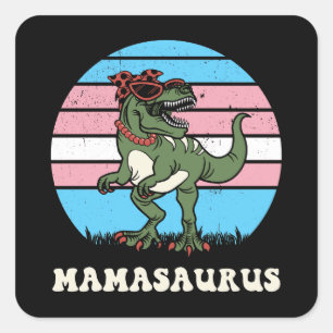 Mamasaurus Funny Dinosaur auf Trans Flag Sunset Quadratischer Aufkleber