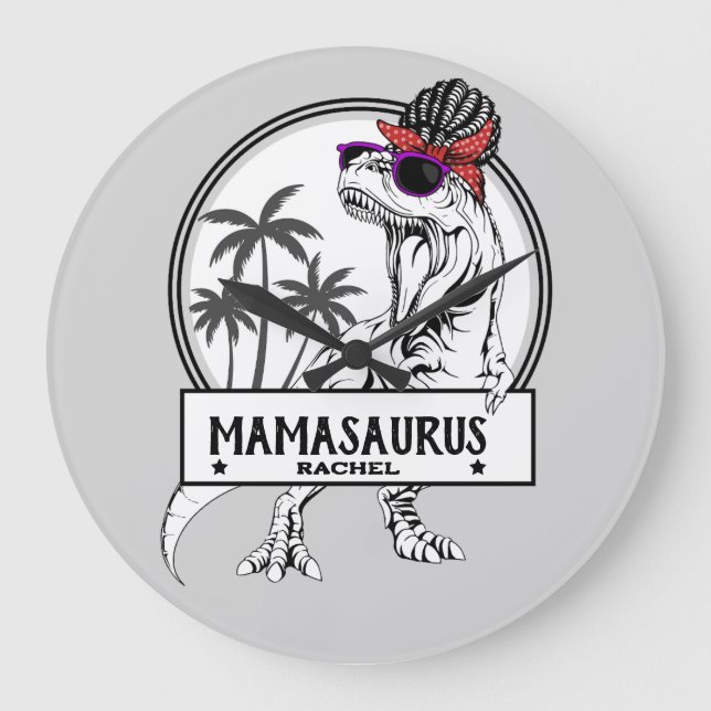 Mamasaurus Mama T rex Dino Funny Individuelle Name Große Wanduhr (Vorderseite)