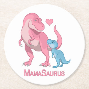 MamaSaurus T-Rex und Baby Boy Dinosaurier Runder Pappuntersetzer
