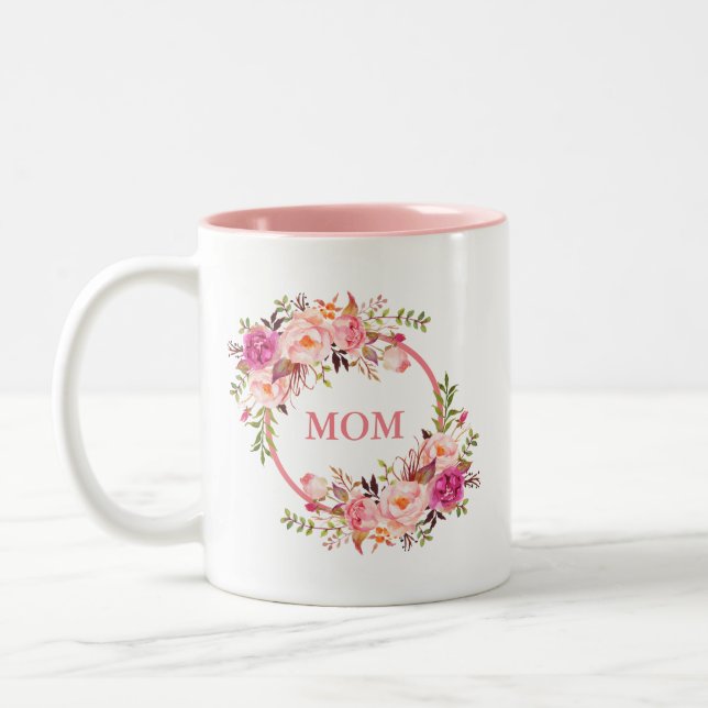 Mamawatercolor-Rosa mit Blumen Zweifarbige Tasse (Links)