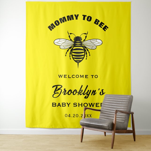 Mami to be Fun Yellow Black Baby Shower Hintergrun Wandteppich (Beispiel)
