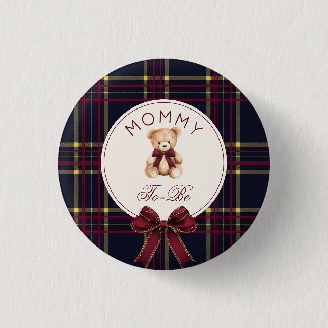 Mami wird weinroter karierter Teddybär Button (Vorderseite)
