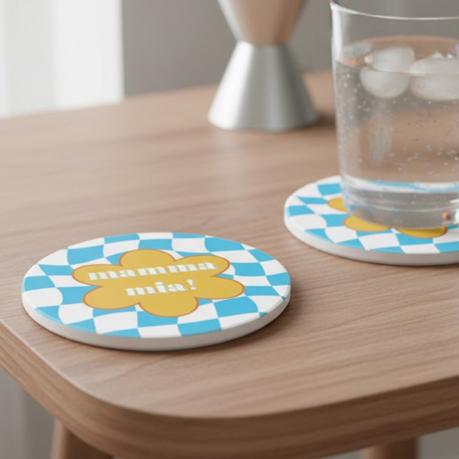 Mamma Mia Retro Groovy Blue Yellow Dopamine Decor Getränkeuntersetzer (70s aesthetic mamma mia blue and yellow coaster by Darling & May)