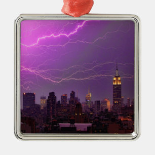 Mammoth Lightning Strike Over Midtown NYC Skyline Silbernes Ornament