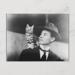 Man and cat black and white postcard postkarte