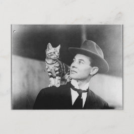 Man and cat black and white postcard postkarte