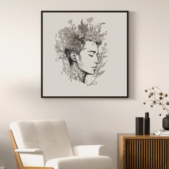 Man Black Line Art mit Blume Boho Stil Poster (Von Creator hochgeladen)