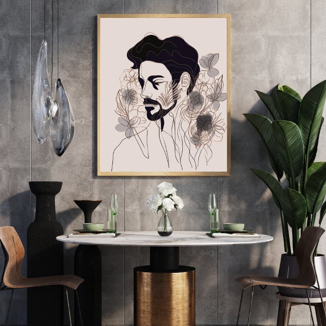 Man Black Line Art mit Blume Boho Stil Poster (Von Creator hochgeladen)