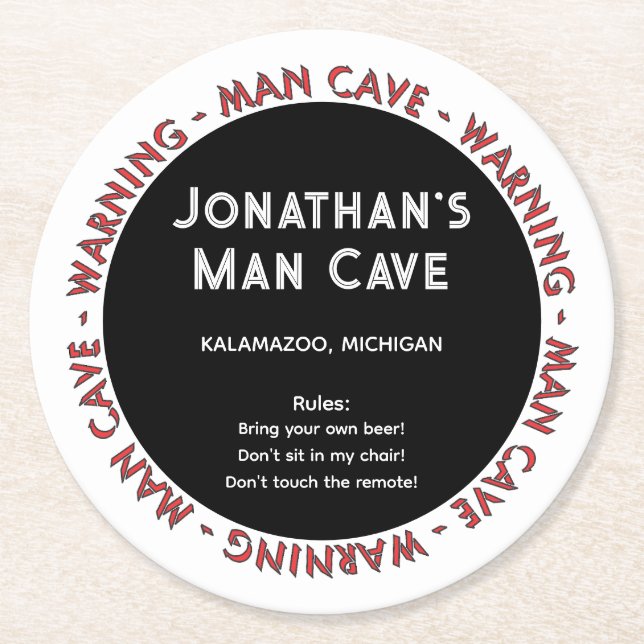 Man Cave Round Untersetzer Funny Alert & Rules (Vorderseite)