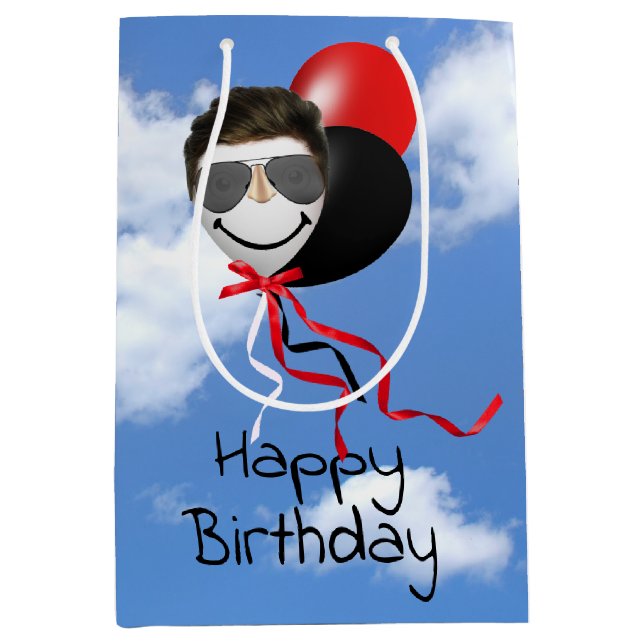 Man Face Birthday Balloons in Sky Mittlere Geschenktüte (Vorderseite)