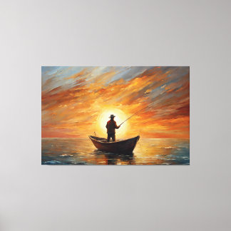 Man fishing inside the boat with a sunset leinwanddruck