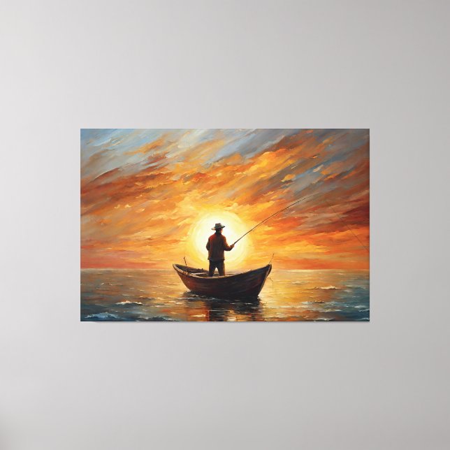 Man fishing inside the boat with a sunset leinwanddruck (Vorderseite)