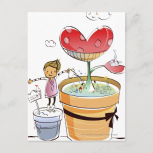 Man gießt eine getöpfte Pflanze Postkarte
