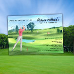 Man Golf Player Swinging Fifties 50th Birthday Einladung<br><div class="desc">Celebrate the big 5-0 with this fun and stylish golf-themed 50th birthday invitation. The design features a beautiful watercolor illustration of a golf course with a golfer in mid-swing, playfully putting toward the number 50. The humorous quote “Swinging Into My Fifties” appears in an elegant script font, while the party...</div>