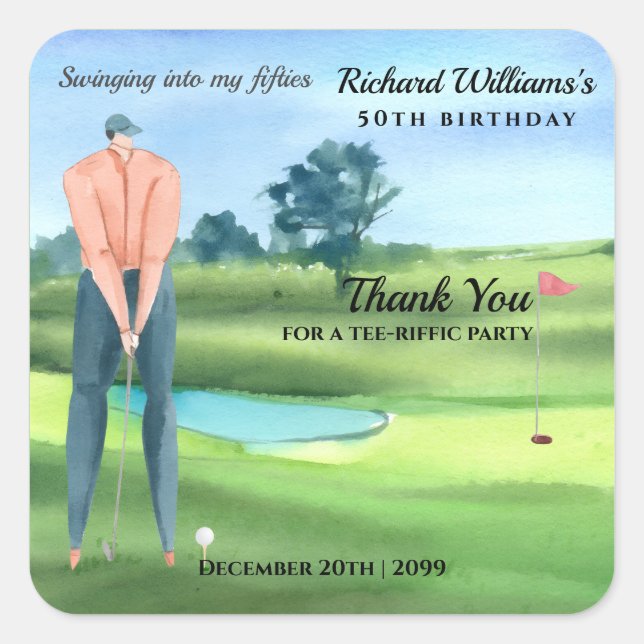 Man Golf Player Swinging Into My 50th Birthday Quadratischer Aufkleber (Vorderseite)