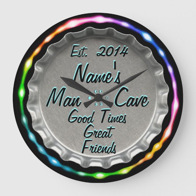 Man Höhle Neon Bierkap Uhr! Geben Sie den Namen un Große Wanduhr (Vorderseite)