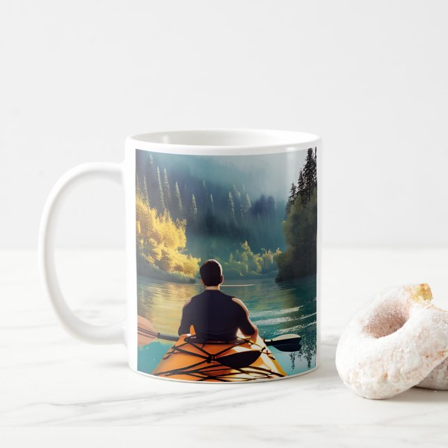 Man Kayaking auf einem See umgeben von Bäumen Kaffeetasse (Mit Donut)