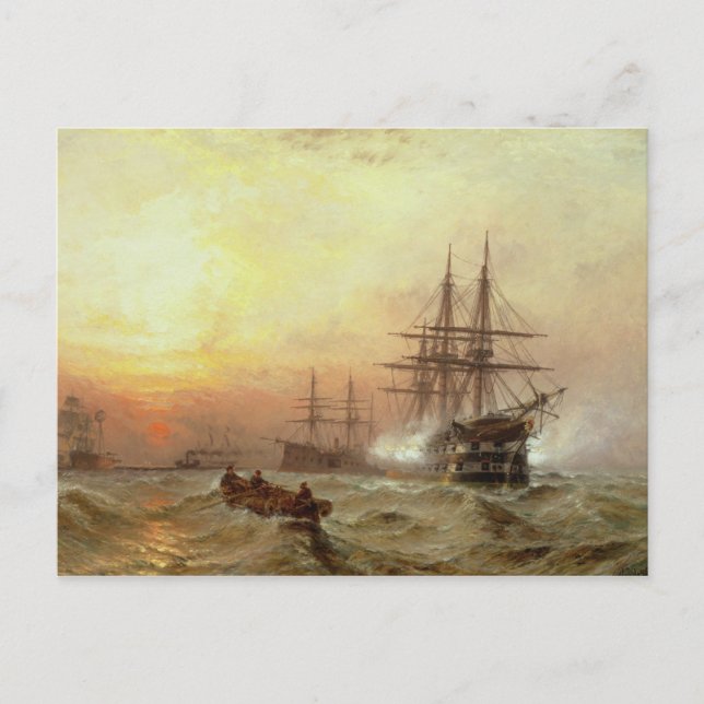 Man-o' War, der bei Sonnenuntergang einen Salat fe Postkarte (Vorderseite)