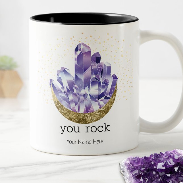 Man rock Amethyst Crystals Mystical Watercolor Zweifarbige Tasse (You Rock Amethyst Crystals and Crescent Moon Coffee Mug)