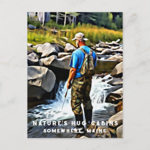 *~* Man Sun Fishing Stream Maine AP49 Caabin Postkarte
