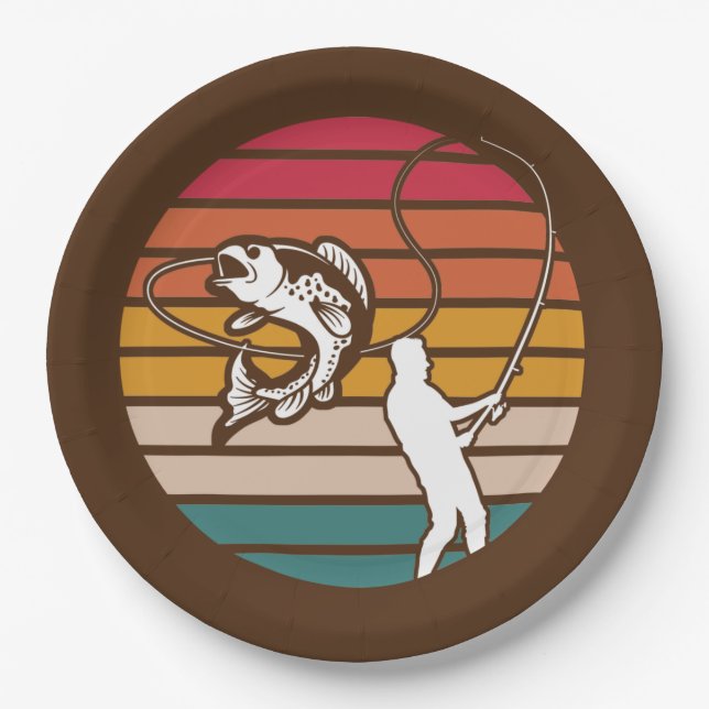 Man Trout Fiashing Retro Sunset Teller (Vorderseite)