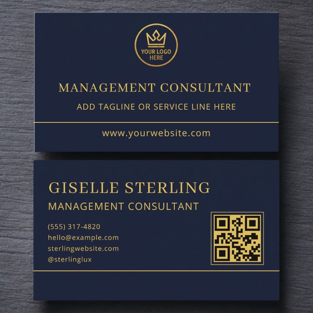 Management Consultant Blue Gold Logo QR Code Visitenkarte (Von Creator hochgeladen)